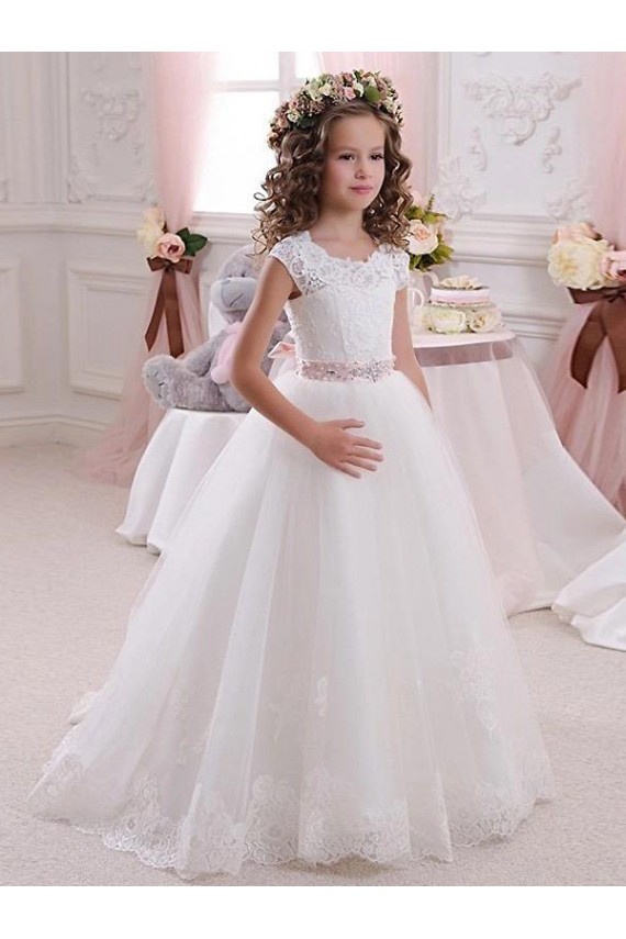 Cap Sleeves Ivory Keyhole Back Ball Gowns High Neck Flower Girl Dress Lincoln