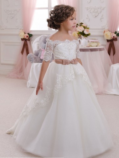 Short Sleeves Ivory Keyhole Back Ball Gown High Neck Flower Girl Dresses Lincoln