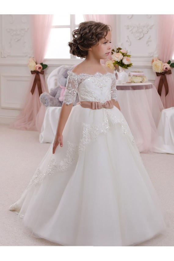 Short Sleeves Ivory Keyhole Back Ball Gown High Neck Flower Girl Dresses Lincoln