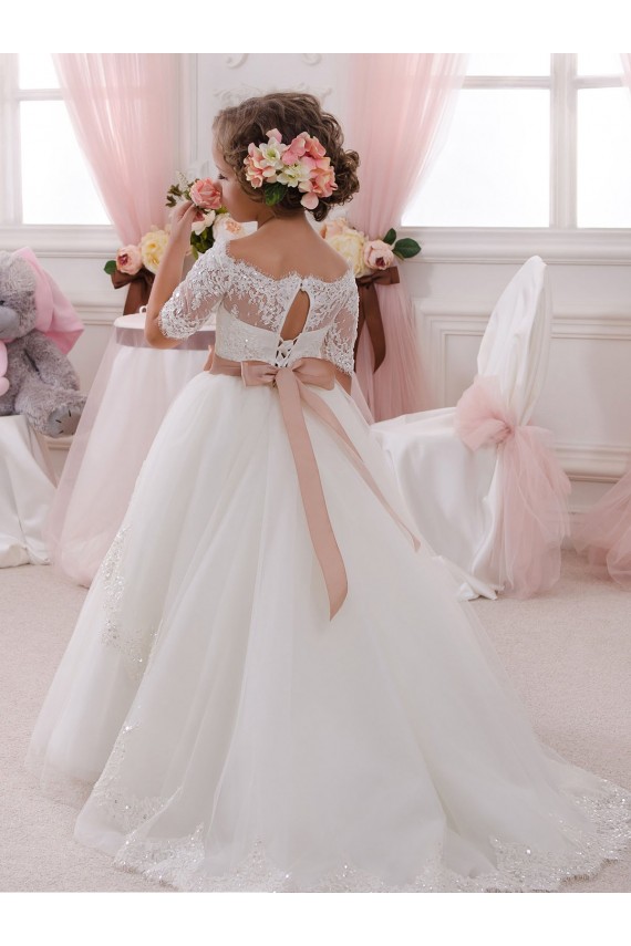 Short Sleeves Ivory Keyhole Back Ball Gown High Neck Flower Girl Dresses Lincoln