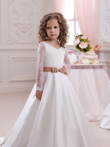 Long Sleeves Ivory Ball Gown V-Neck Flower Girl Dress Lincoln