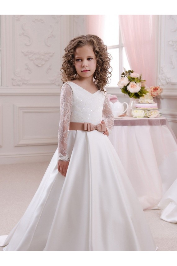 Long Sleeves Ivory Ball Gown V-Neck Flower Girl Dress Lincoln