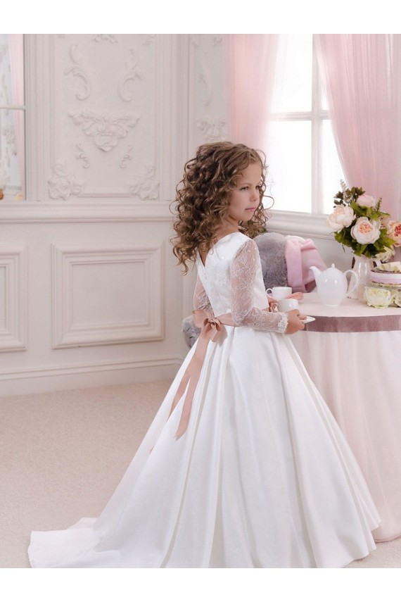 Long Sleeves Ivory Ball Gown V-Neck Flower Girl Dress Lincoln