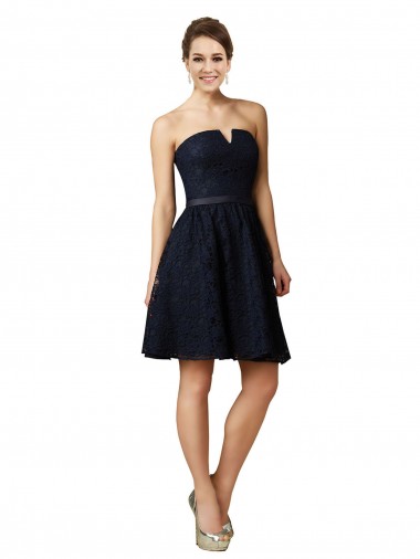 Sleeveless Dark Navy A-Line Lace V-Neck Bridesmaid Dress Lincoln