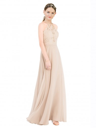 Sleeveless Champagne Keyhole Back A-Line Halter Neck Prom Dress / Bridesmaid Dress Lincoln