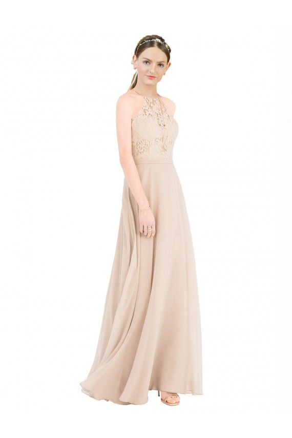 Sleeveless Champagne Keyhole Back A-Line Halter Neck Prom Dress / Bridesmaid Dress Lincoln