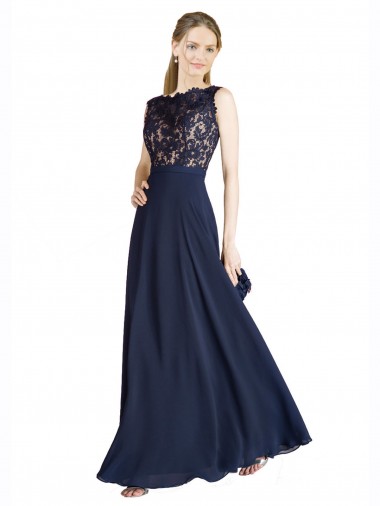 Sleeveless Dark Navy V-Back A-Line Illusion Neck Prom Dress / Bridesmaid Dress Lincoln