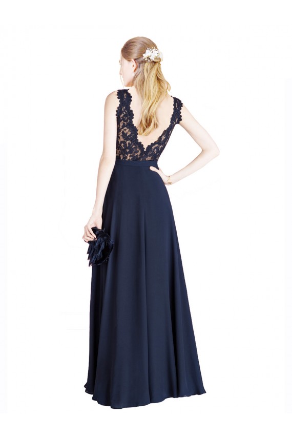 Sleeveless Dark Navy V-Back A-Line Illusion Neck Prom Dress / Bridesmaid Dress Lincoln