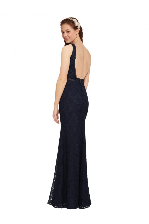 Sleeveless Dark Navy Open Back Sheath V-Neck Bridesmaid Dress Lincoln