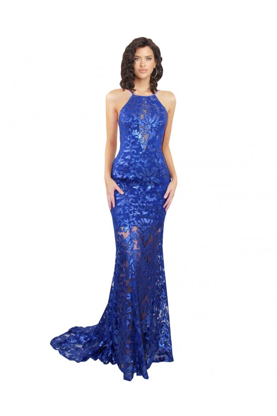 Sleeveless Royal Blue Open Back Mermaid High Neck Semi Formal Evening Dress / Prom Dress / Bridesmaid Dress Lincoln