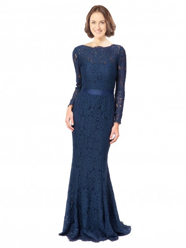 Long Sleeves Dark Navy V-Back Mermaid, Sheath Jewel Neck Bridesmaid Dress Lincoln