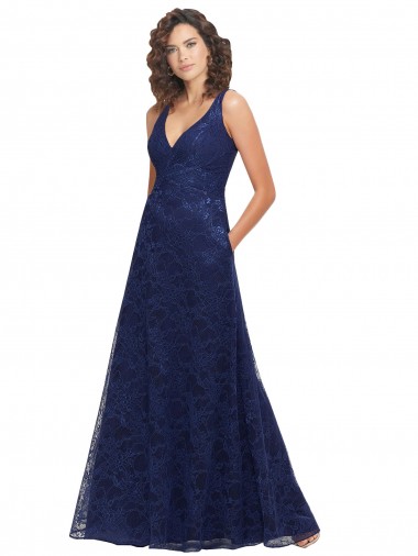 Sleeveless Dark Navy Low Back A-Line V-Neck Bridesmaid Dress Lincoln