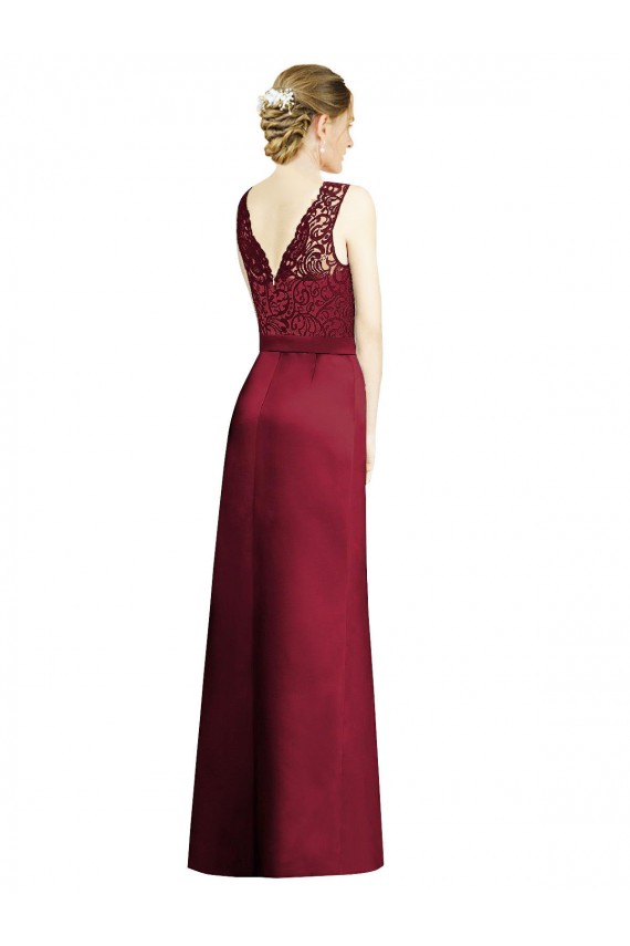 Sleeveless Burgundy A-Line Satin & Lace V-Neck Bridesmaid Dress Lincoln