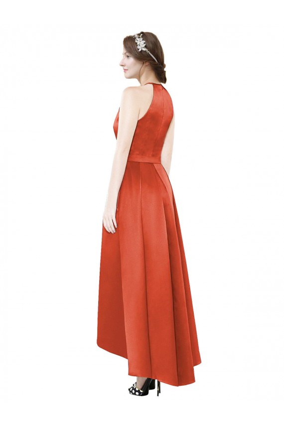 Sleeveless Spice Red A-Line Halter Neck High Low Bridesmaid Dress Lincoln