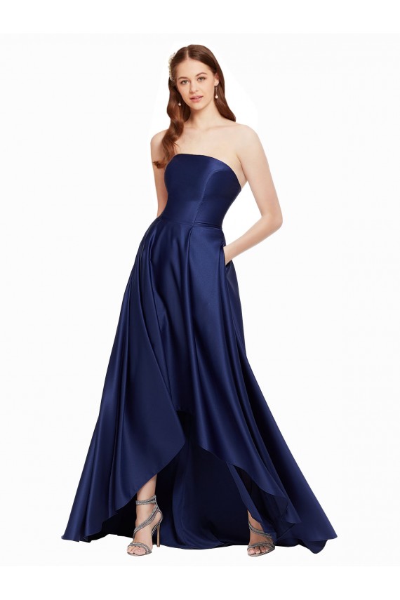 Sleeveless Dark Navy Low Back A-Line Strapless High Low Evening Gown / Prom Dress / Bridesmaid Dress Lincoln