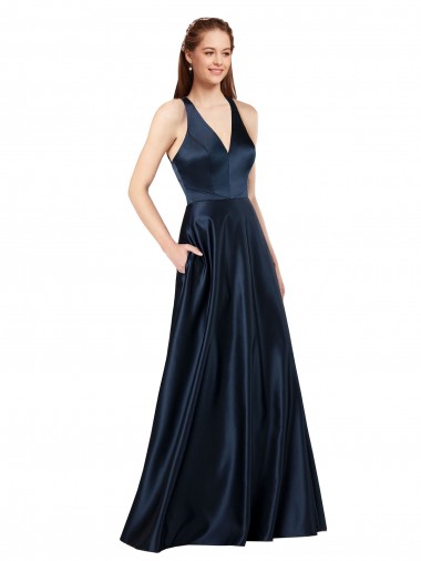 Sleeveless Dark Navy Keyhole Back A-Line V-Neck Formal Evening Gown / Prom Dress / Bridesmaid Dress Lincoln
