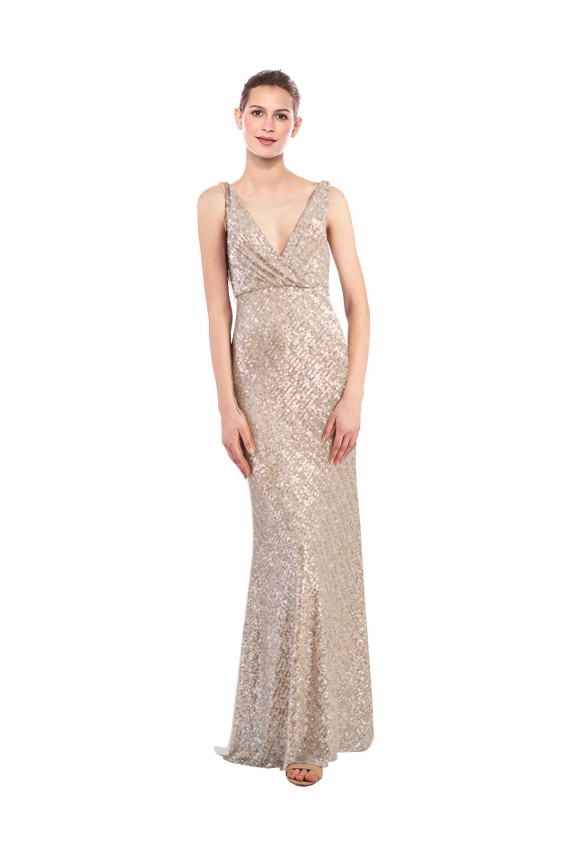 Sleeveless Silver Low Back Sheath V-Neck Formal Evening Gown / Prom Dress / Bridesmaid Dress Lincoln