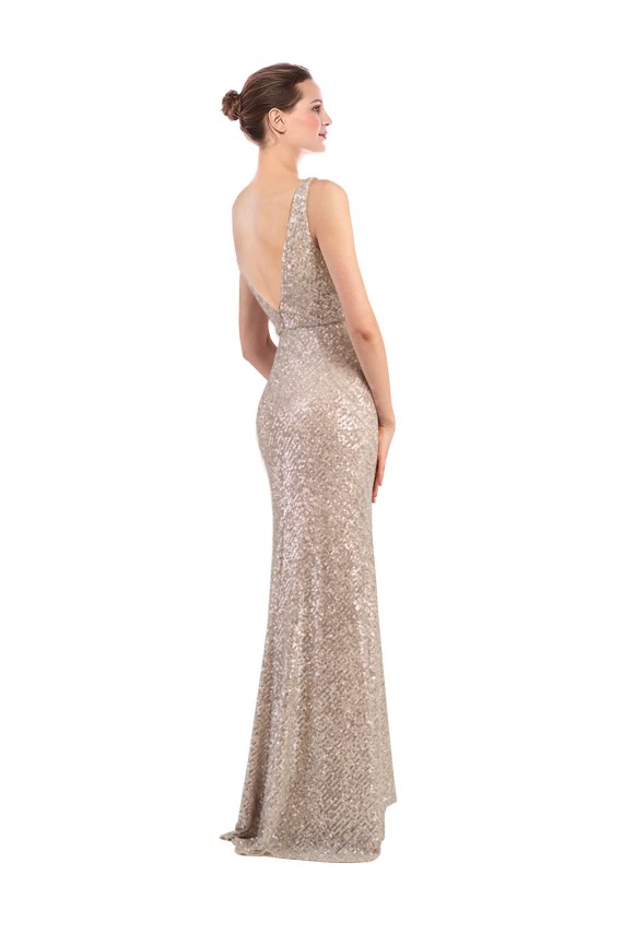 Sleeveless Silver Low Back Sheath V-Neck Formal Evening Gown / Prom Dress / Bridesmaid Dress Lincoln