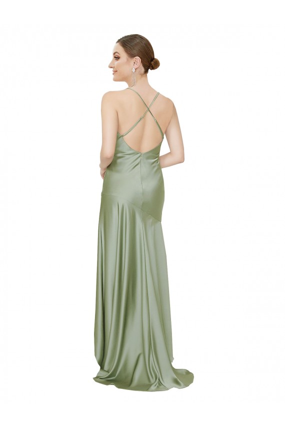 Sleeveless Smoke Green Criss Cross Open Back A-Line Cowl Neck High Low Evening Gown / Prom Dress / Bridesmaid Dress Lincoln