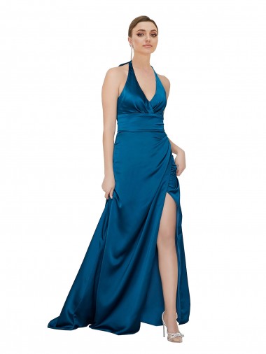 Sleeveless Peacock Blue Open Back A-Line Halter Neck Formal Evening Gown / Prom Dress / Bridesmaid Dress Lincoln
