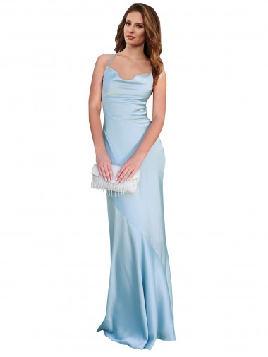 Sleeveless Light Sky Blue Criss Cross Open Back Sheath Cowl Neck Formal Evening Gown / Prom Dress / Bridesmaid Dress Lincoln
