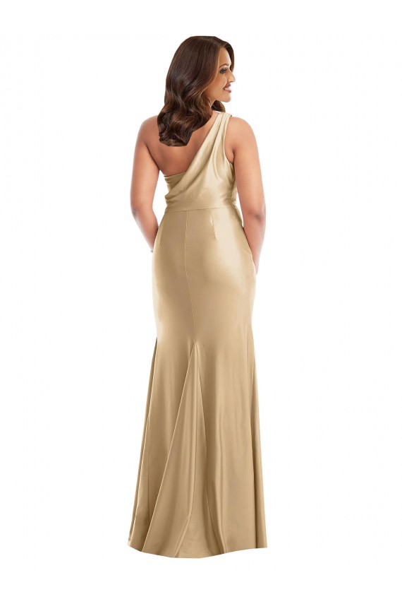 Sleeveless Soft Gold Mermaid One Shoulder Formal Plus Size Evening Gown / Prom Dress / Bridesmaid Dress Lincoln