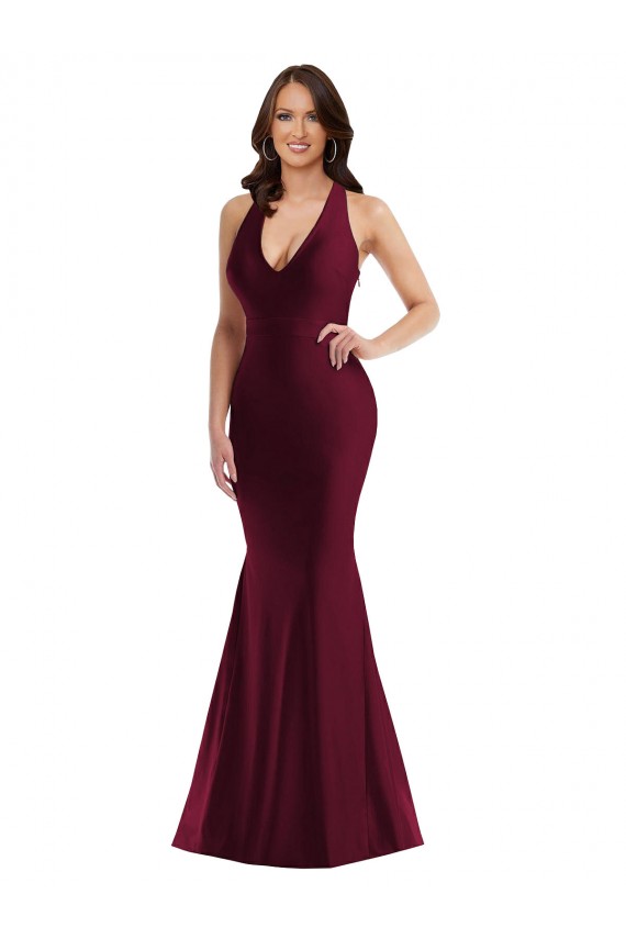 Sleeveless Burgundy Open Back Mermaid V-Neck Formal Plus Size Evening Gown / Prom Dress / Bridesmaid Dress Lincoln