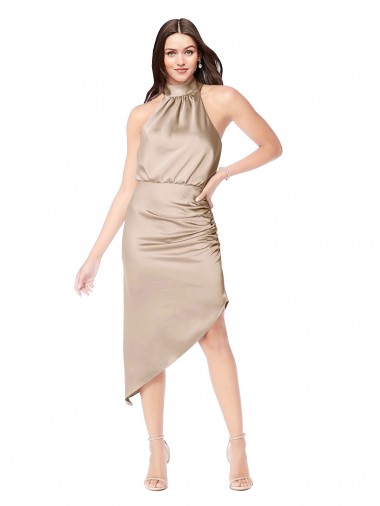 Sleeveless Champagne Pink A-Line Halter Neck High Low Prom Dress / Bridesmaid Dress Lincoln