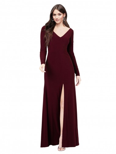 Long Sleeves Burgundy Gold V-Back Sheath V-Neck Prom Dress / Bridesmaid Dress Lincoln