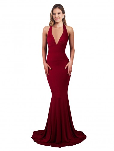 Sleeveless Burgundy Open Back Mermaid Halter Neck Formal Evening Gown / Prom Dress / Bridesmaid Dress Lincoln