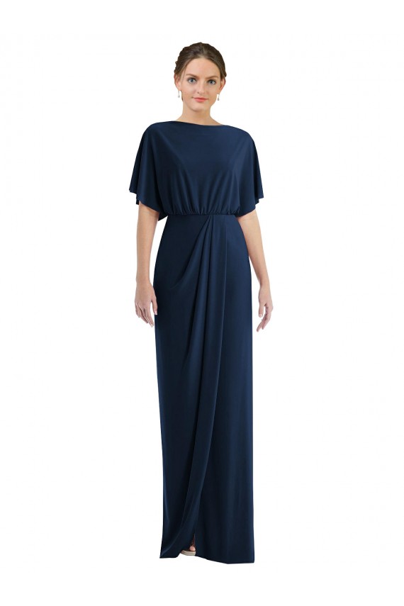 Short Sleeves Dark Navy Open Back Sheath Bateau Neck Semi Formal Evening Dress / Prom Dress / Bridesmaid Dress Lincoln