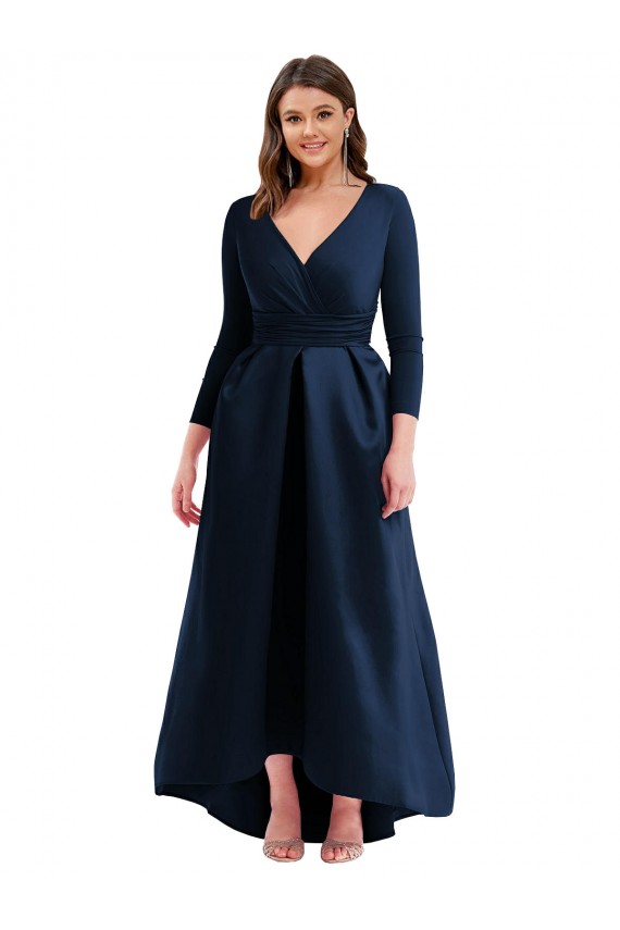 Long Sleeves Dark Navy Ball Gown V-Neck High Low Plus Size Evening Gown / Prom Dress / Bridesmaid Dress Lincoln