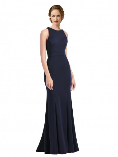 Sleeveless Dark Navy Keyhole Back Sheath Scoop Neck Black Tie Prom Dress / Bridesmaid Dress Lincoln