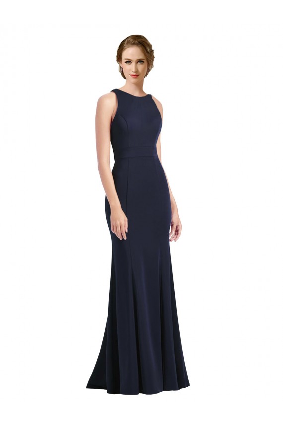Sleeveless Dark Navy Keyhole Back Sheath Scoop Neck Black Tie Prom Dress / Bridesmaid Dress Lincoln
