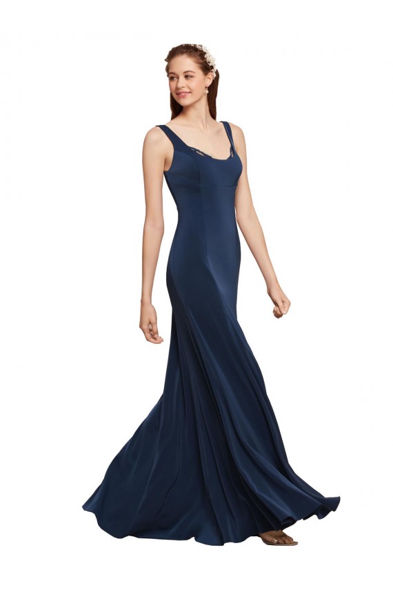 Sleeveless Dark Navy Low Back A-Line Round Neck Prom Dress / Bridesmaid Dress Lincoln