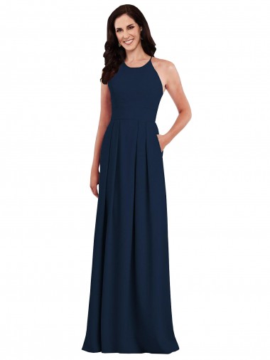Sleeveless Dark Navy Criss Cross Open Back Trumpet Halter Neck Semi Formal Evening Dress / Bridesmaid Dress Lincoln