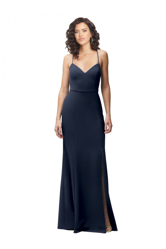 Sleeveless Dark Navy Criss Cross Back Sheath Spaghetti Straps Formal Evening Gown / Prom Dress / Bridesmaid Dress Lincoln