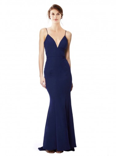 Sleeveless Navy Blue Open Back Mermaid Spaghetti Straps Formal Dress / Bridesmaid Dress Lincoln