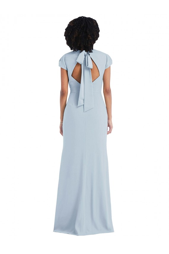 Cap Sleeves Light Sky Blue Keyhole Back Trumpet Jewel Neck Semi Formal Evening Dress / Bridesmaid Dress Lincoln