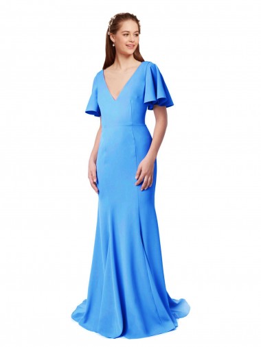 Short Sleeves Peacock Blue V-Back Mermaid, Sheath V-Neck Prom Dress / Bridesmaid Dress Lincoln