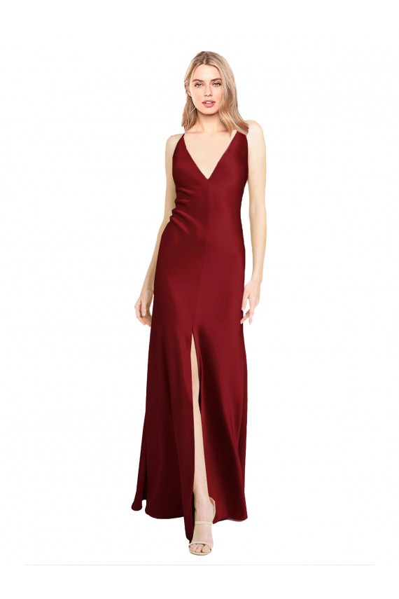 Sleeveless Burgundy V-Back A-Line Stretch Satin V-Neck Black Tie Evening Gown / Prom Dress / Bridesmaid Dress Lincoln