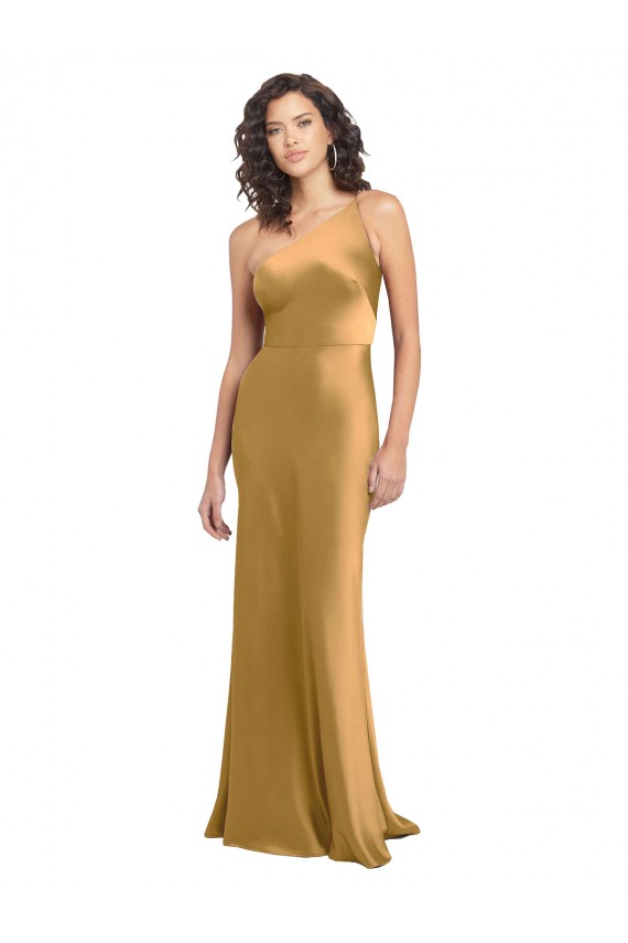 Sleeveless Gold A-Line Stretch Satin One Shoulder Formal Evening Gown / Prom Dress / Bridesmaid Dress Lincoln