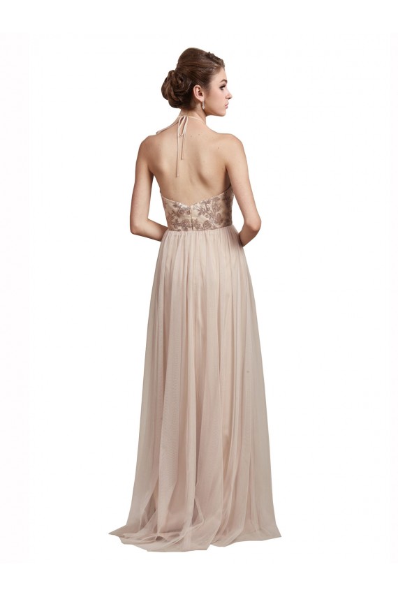 Sleeveless Nude A-Line Halter Neck Bridesmaid Dress Lincoln