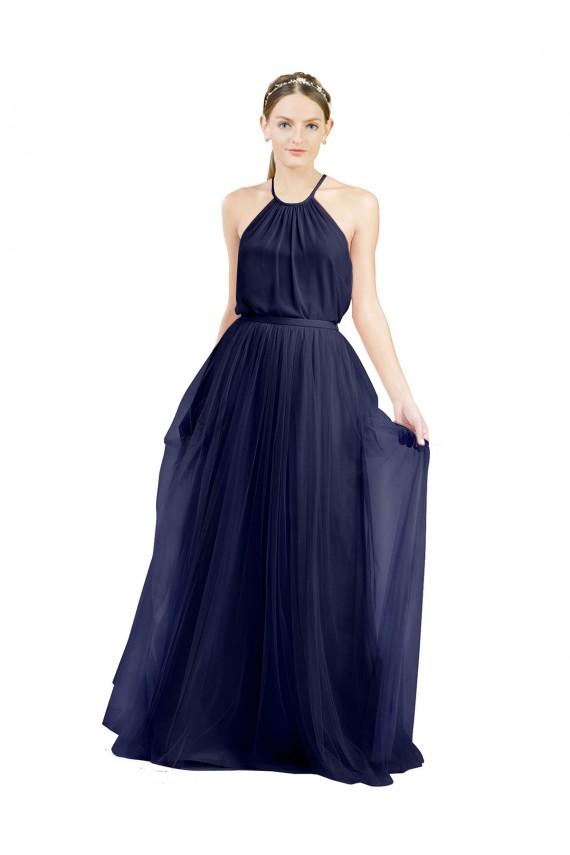 Sleeveless Navy Blue A-Line Halter Neck Semi Formal Evening Dress / Bridesmaid Dress Lincoln