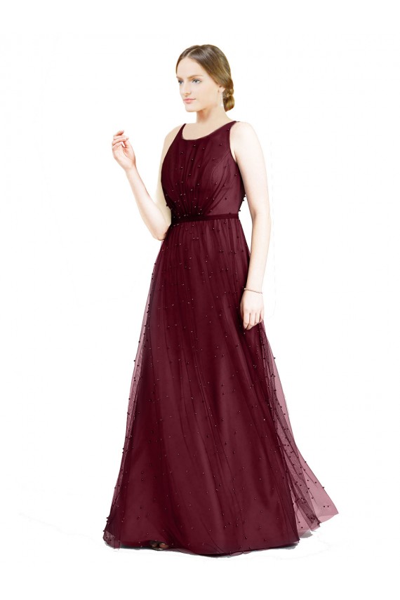 Sleeveless Burgundy Keyhole Back A-Line Boat Neck Semi Formal Evening Dress / Bridesmaid Dress Lincoln