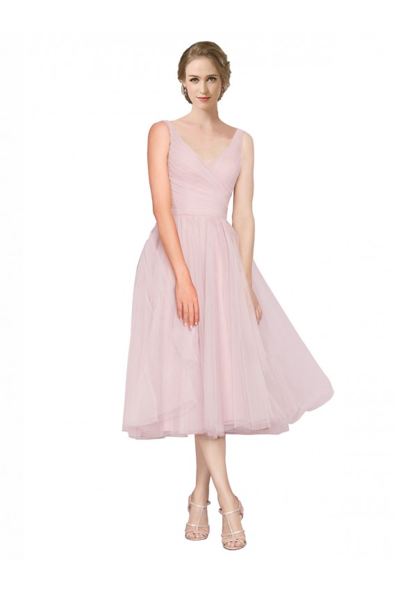 Sleeveless Pink V-Back A-Line Tulle V-Neck Bridesmaid Dress Lincoln