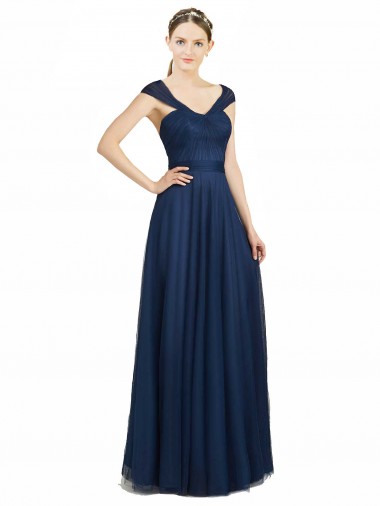 Sleeveless Dark Navy Open Back A-Line V-Neck Bridesmaid Dress Lincoln