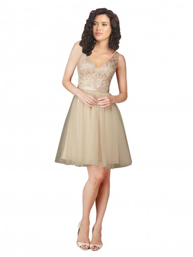 Sleeveless Champagne V-Back A-Line Tulle & Lace V-Neck Bridesmaid Dress Lincoln