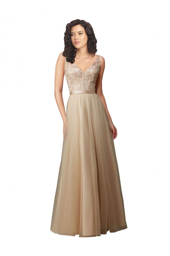 Sleeveless Champagne V-Back A-Line V-Neck Bridesmaid Dress Lincoln