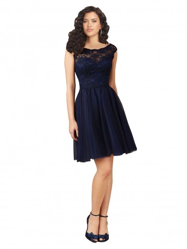 Sleeveless Dark Navy V-Back A-Line Bateau Neck Bridesmaid Dress Lincoln